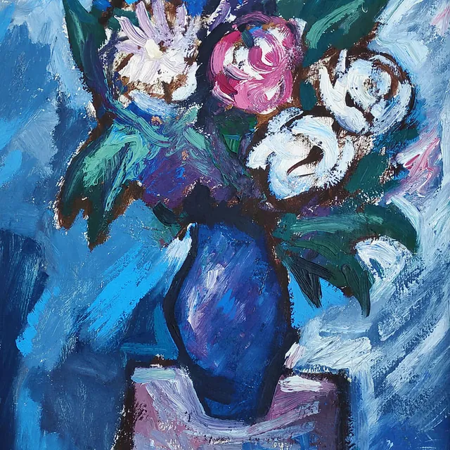 Rößler, Klaus „Frühlingsblumen“, Öl auf Leinwand, 1997, 75,5x45,5 cm