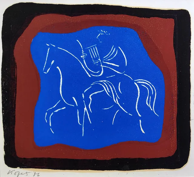 Vera Kopetz „Reitender Orpheus“, 3-Farben Handsiebdruck, 1976, 16x17,6 cm