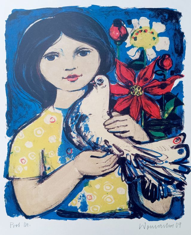 Womacka, Walter „Mädchen mit Taube“, Lithografie, 2009, 39,5x34 cm