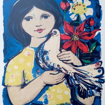 Womacka, Walter „Mädchen mit Taube“, Lithografie, 2009, 39,5x34 cm