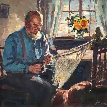 Haerendel, Harry "Interieur mit Fischer, ein Netz reparierend", Öl auf Leinwand, 70,5x80,5cm