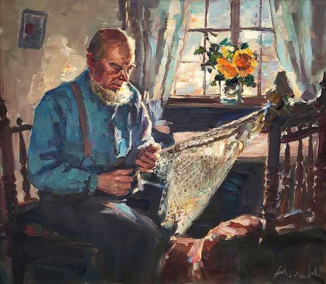 Haerendel, Harry "Interieur mit Fischer, ein Netz reparierend", Öl auf Leinwand, 70,5x80,5cm