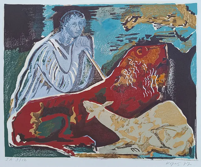 Kopetz, Vera „Der Hirte (Die Zeit wird kommen II. Fassung)“, 9-Farben Handsiebdruck, 1977, Maße 41x51 cm