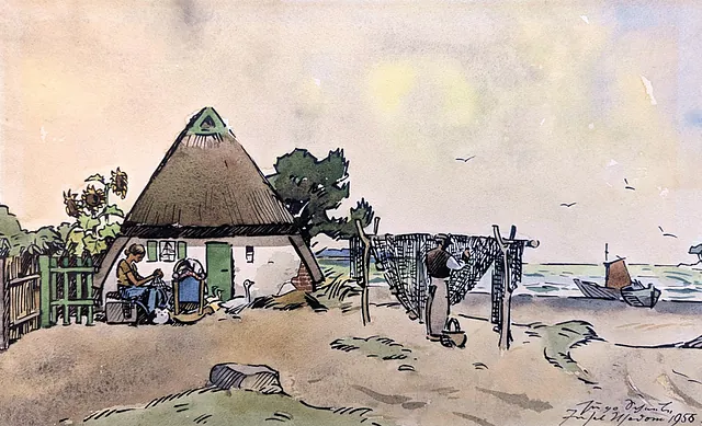 Scheele, Hugo - Vor dem Fischerkaten, Aquarell-Federzeichnung, 1956, 24x39 cm 