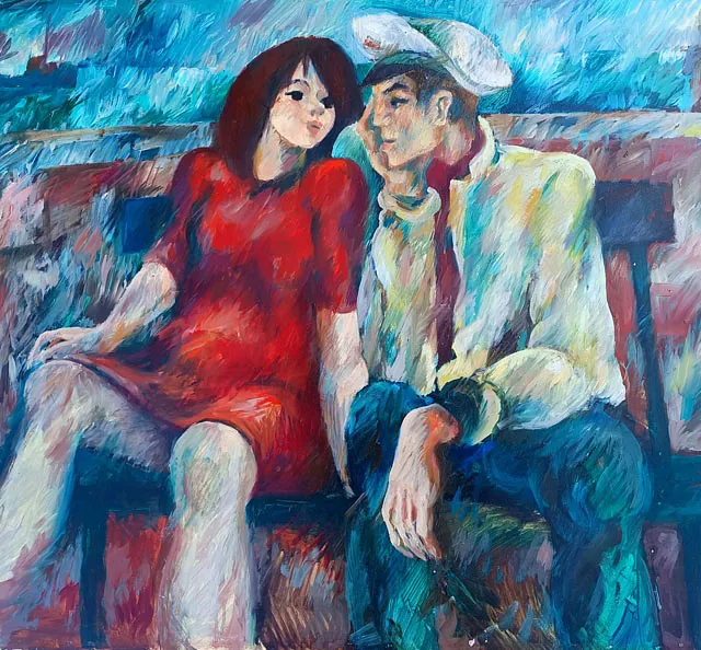 Bartel, Hans Dieter „Junges Paar im Hafen Saßnitz“, Öl auf Hartfaser, 1970, 60x80 cm