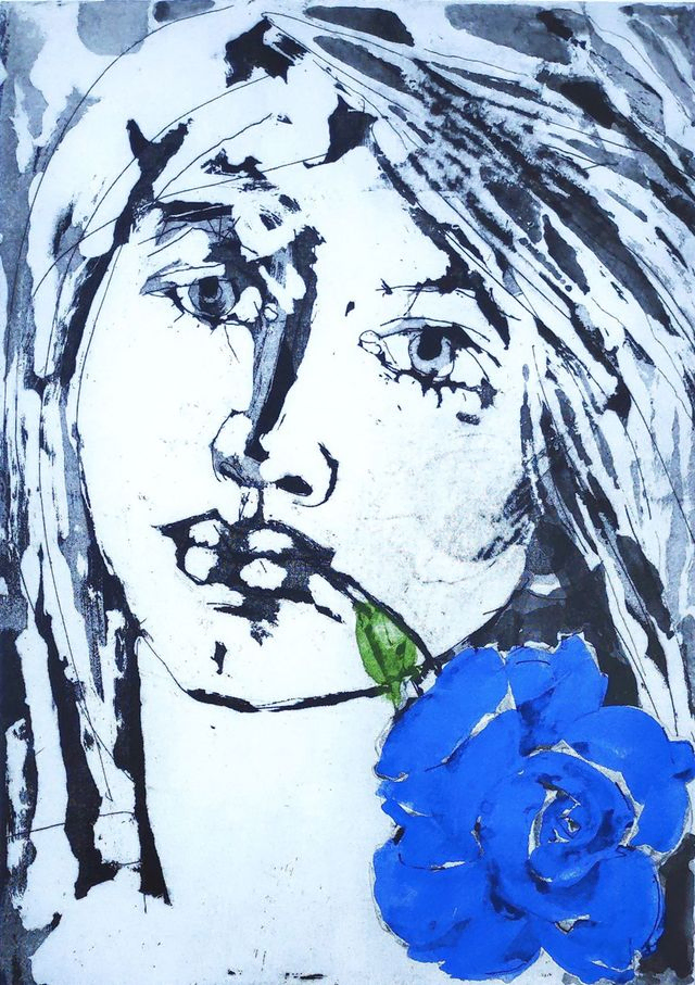 Walter Womacka „Mädchenkopf mit blauer Rose“, Serigrafie, 2008, Maße 50x40 cm