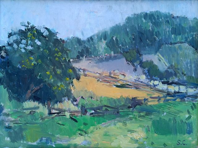 Sabine Curio „Schafkoppel“, Öl, 1988, Maße 29x40 cm