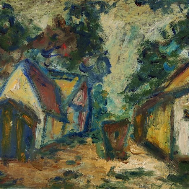 Schmiterlöw, Bertram von - „Straßenansicht Franzburg“, Öl auf Hartfaser, 1998, Maße 44,5x56 cm