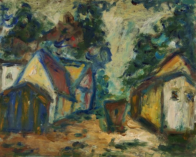 Schmiterlöw, Bertram von - „Straßenansicht Franzburg“, Öl auf Hartfaser, 1998, Maße 44,5x56 cm