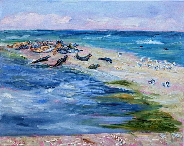 Olsen, Ellena - Auf der Oie (Robben und Seevögel), Öl, 2025, 40x50 cm