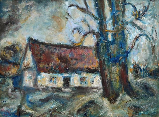 Bertram von Schmiterlöw „Dorfansicht mit großem Baum“, Öl, 1999, Maße 50x67 cm