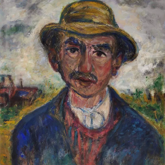 B.v.Schmiterlöw „LPG-Bauer“, Öl auf Hartfaser, 1982, 80x70 cm