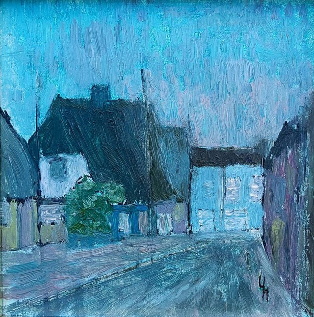 Meyer, Ursula „Häuser in Alt-Zinnowitz“, Öl,1964, Maße 25x25 cm