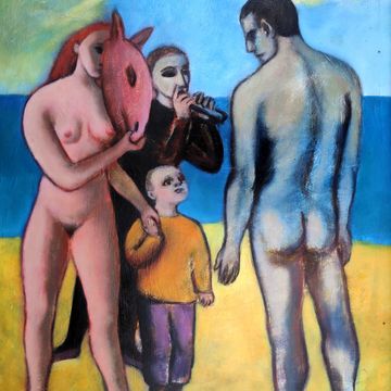 Scholz, Monika „Begegnung am Strand“, Öl auf Hartfaser, 1976/1988, 59x47,5 cm