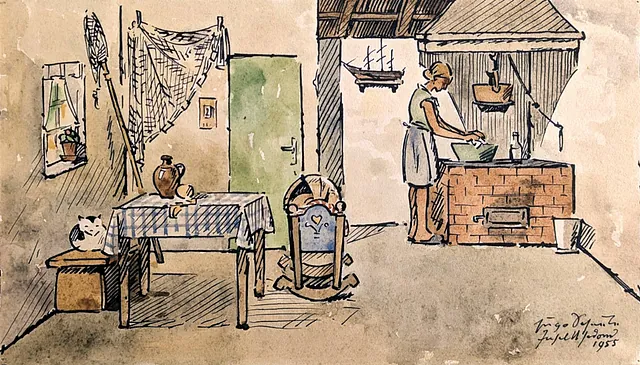 Scheele, Hugo - Interieur mit Fischerfrau am Herd, Aquarell-Federzeichnung, 1955, 14,5x25 cm 