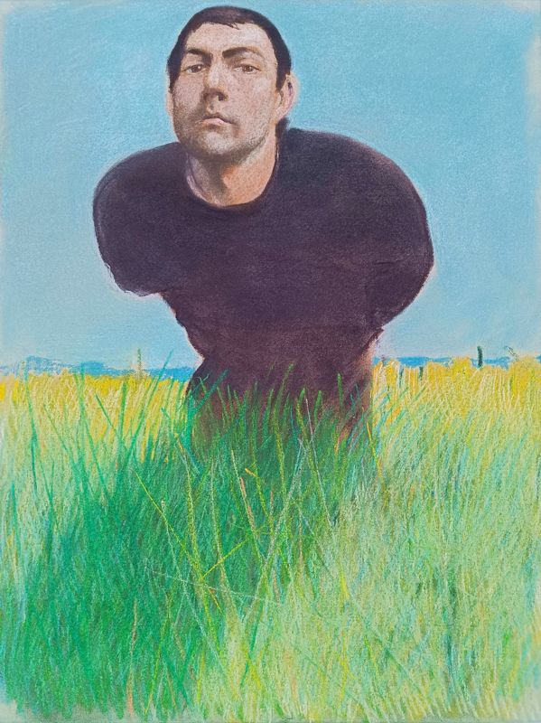Grützke, Johannes „Selbst (im Feld)“, Pastell auf Tonpapier, 1977, 62,8x48 cm
