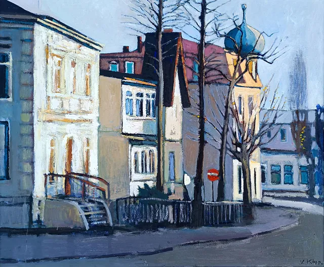 Köpp, Volker "Straßenansicht Ahlbeck", Öl auf Leinwand, 1991, Maße 100x120 cm 