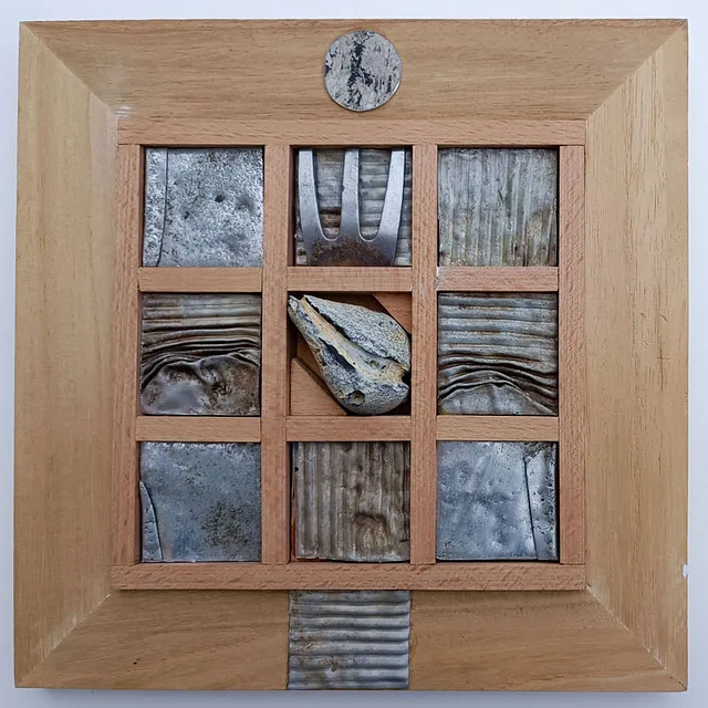 Holz, Dieter „Komposition mit Feuerstein“, Materialcollage, um 2000, 23x23 cm