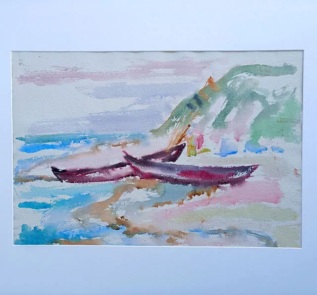 Duda, Fritz „Fischerboote am Streckelsberg bei Koserow“, Aquarell, um 1948, 41,2x58,5 cm