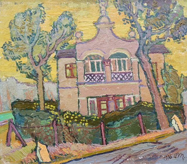 Manigk, Otto „Haus mit Vorgarten“, Öl auf Pappe, 1936, 32x36 cm