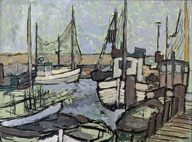 Ursula Meyer - Fischerhafen 33 x 44 cm, Öl um 1960