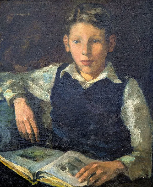 Manfred Kandt (1922 Danzig – 1992 Rostock) Junge mit Buch, Öl auf Leinwand, um 1945, 66x55 cm