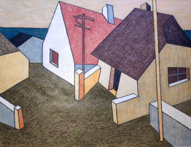 Seiffert, Bernd „Häuser in Neuendorf/Hiddensee“, Farbkreide auf getöntem Papier, 1997, 60x80 cm