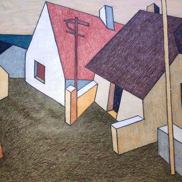 Seiffert, Bernd „Häuser in Neuendorf/Hiddensee“, Farbkreide auf getöntem Papier, 1997, 60x80 cm
